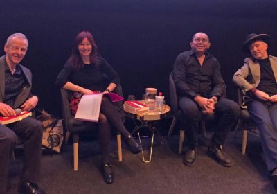 At 2018 Melbourne Writers Festival, interviewing musician Dave Graney, comedian Hung Le and novelist John Tesarsch. At Melbourne Writers Festival